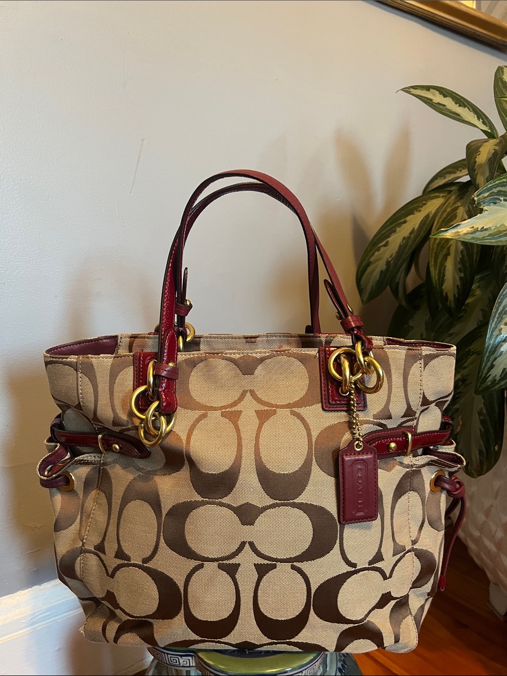 Coach Tan Signature Canvas Tote with Burgundy Leather Trim